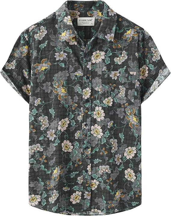 fohemr Men Hawaiian Button Down Shirt, Summer Casual Floral Short Sleeve