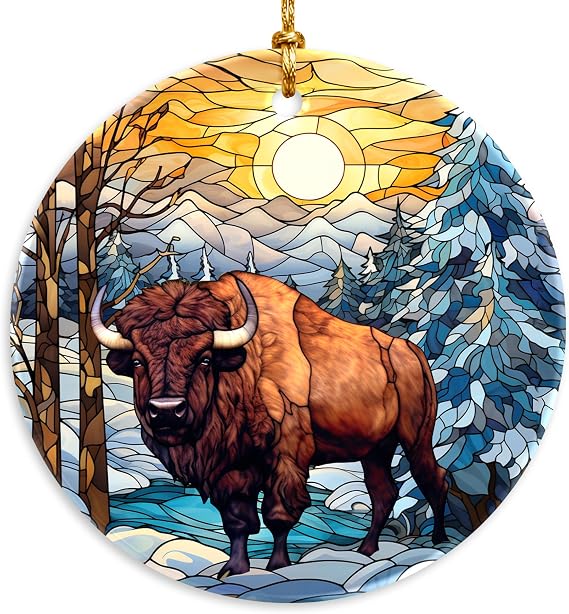Animal Christmas Ornament 2024 | Stained Glass Bison Ornament, Wild Animals Christmas Tree Decor, Beautiful Scenic Buffalo, Keepsake, Yellowstone National Park (Bison in Light)