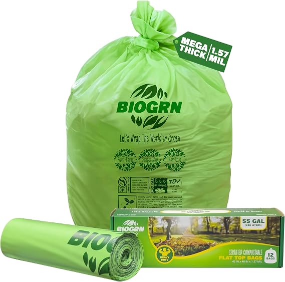 55 Gallon Compostable Trash Bags Flat-Top, Heavy Duty Extra Thick 1.57 Mil, 208.2 Liter, 12 Bags, Large Lawn and Yard Waste Bag, ASTM D6400, US BPI and OK Compost Home Certified
