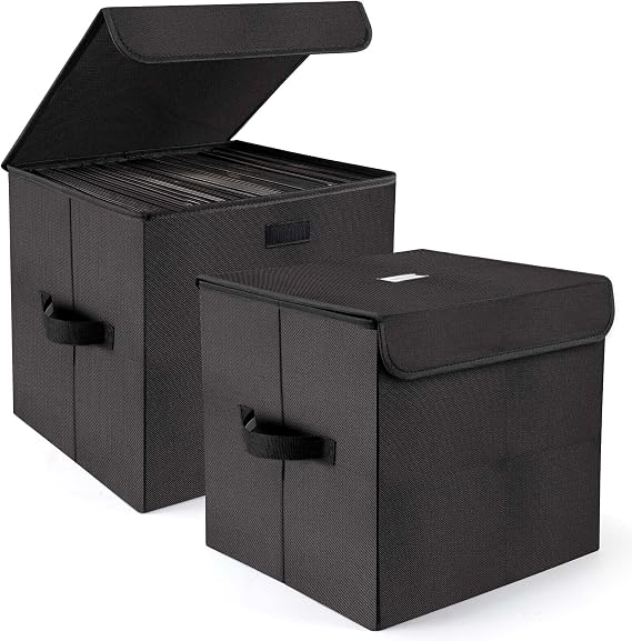 alavisxf xx 12-inch Vinyl Record Storage Box, Nylon Foldable and Stackable Set of 2 Vinyl LP Storage Organizer Case with Lid and Handles Can Hold 180 Single Record (12-inch) | Durable Nylon, Holds 180 Records(90 each), LP Record Organizer, Foldable, Portable Handles, for Home Office Travel DJ Setups