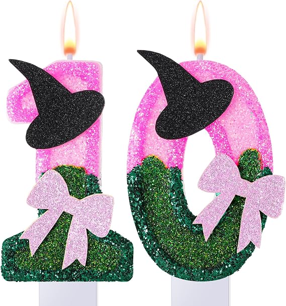 Conelist Witch Princess Theme Candle Pink and Green Party Decorations Witch Hat Bow Birthday Cake Toppers Cupcake Toppers for Party Supplies Wedding Anniversary Decor(10)
