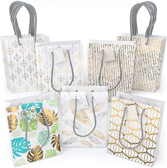 Arteza Gift Bags 9.5x7x3.4, Set of 15 Bags (5 White Designs, 3 Pieces in Each Style), Perfect for Any Holiday Occasion, Graduations, Birthday Parties, and More!