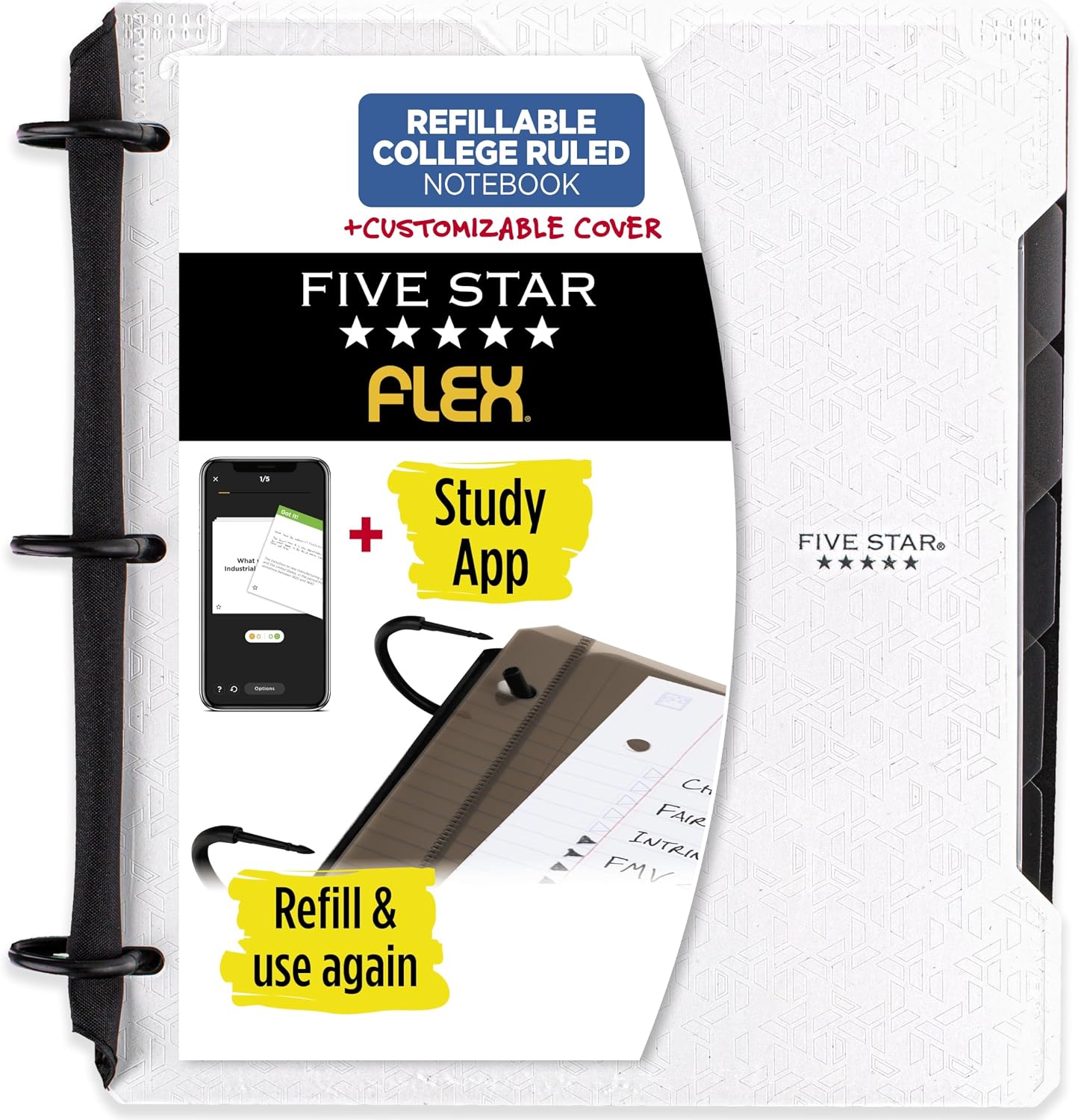 Five Star Flex Refillable Notebook  Study App, College Ruled Paper and 1 Inch TechLock Ring Binder with Customizable Cover, Pockets, Tabs and Dividers, 200 Sheet Capacity, White 29326AE2