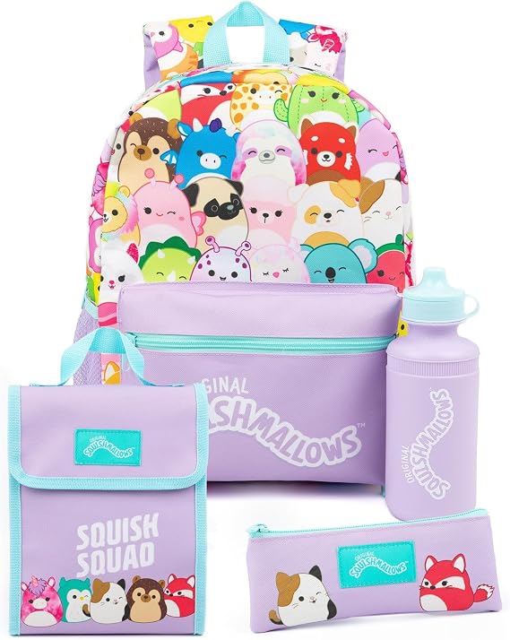 Squishmallows Girls 4 Piece Backpack Set | Kids Purple Rucksack Bundle with School Bag, Pencil Case, Lunch Bag & Water Bottle