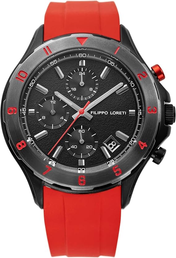 FILIPPO LORETI ピスト シャドウ レッド スポーツ クロノグラフ 42mm クロノグラフ ブラックダイヤル レッドラバーストラップ 100m防水 メンズ, マットブラックグレインダイヤル。, モダン