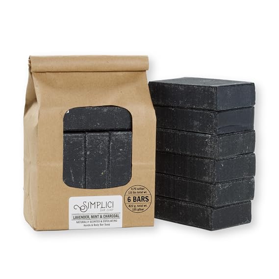 Simplici Lavender, Mint, Charcoal Natural Soap (smooth + pure essential oils) 6 Bar Value Bag. Palm Free.