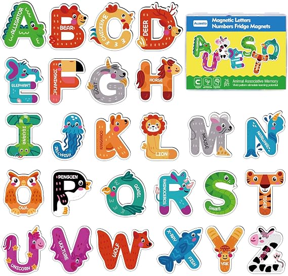 26Pcs Magnetic Letters, ABC Uppercase Letters Refrigerator Magnets Animal Alphabet Magnets for Student School Learning Spelling
