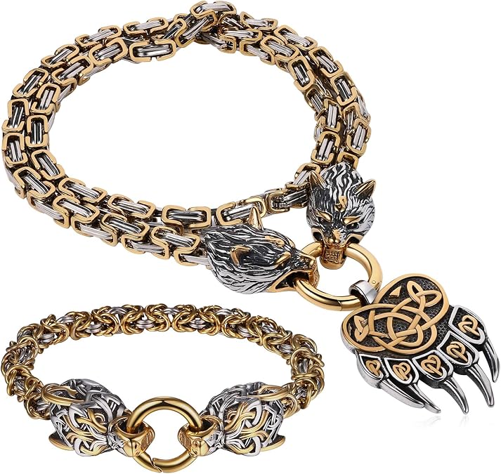 OIDEA Wolf Head Viking Necklace Bracelet for Men: Punk Gothic Byzantine King Chain Bear Claw Pendant Link Chain Bracelet Nordic Amulet Jewelry Gifts