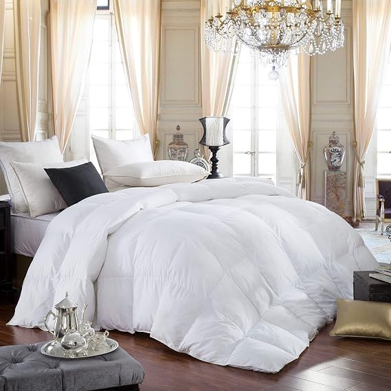 Luxurious Queen Size Siberian Goose Down Comforter, 100% Egyptian Cotton Cover, Solid White Color, 60 Oz Fill Weight, All Season Down Comforter