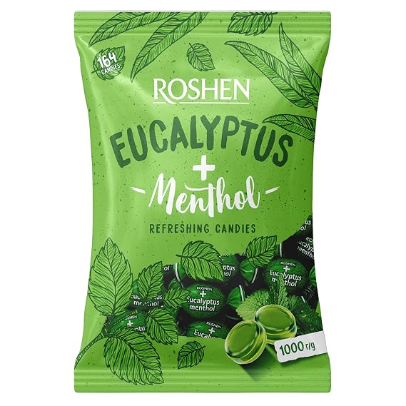 Roshen Eucalyptus-Menthol Hard Candy Refreshing Mint & Eucalyptus Flavor, Individually Wrapped, Bulk 2.2 lbs (1 kg) Kosher, Halal, Soothing, Cooling Candy