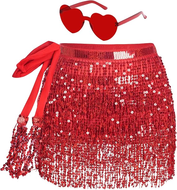 Sequin Belly Dance Hip Scarf Tassel Wrap Sparkly Fringe Skirt with 1 Pair Heart Sunglasses Party Rave Costume for Women