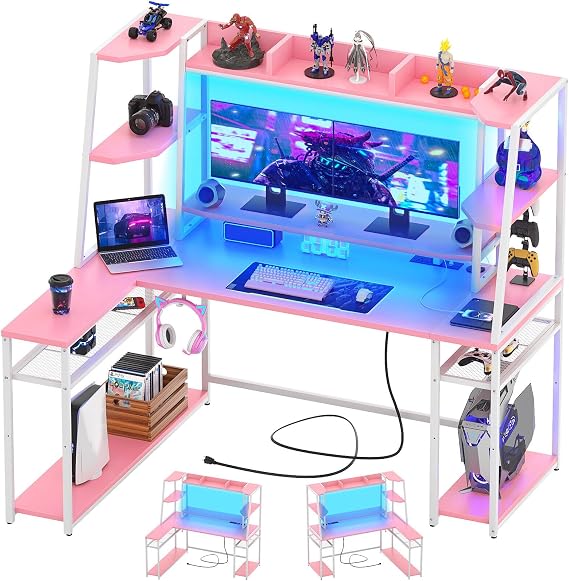 L Shaped Office Desk with Hutch & Shelves, 63" PC Gaming Computer Desk with LED L Shaped Gaming Computer Desk (Pink)
