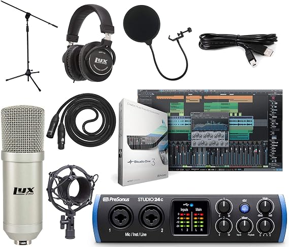 PreSonus Studio 24c 22 USB-C Audio/MIDI Interface + Studio One Artist DAW + Cardioid Condenser Microphone Kit with XLR Cable Shockmount Pop Filter Mic Stand and Headphones Bundle