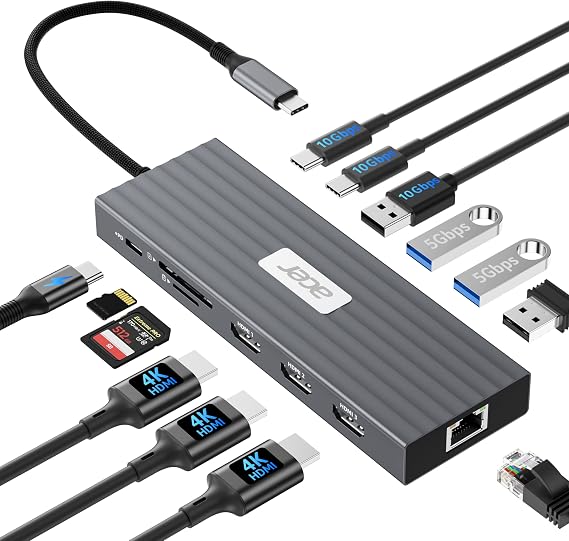 Acer Docking Station 3 Monitors with 3 HDMI, 13-in-1 USB C Hub for Laptop | 4K@60Hz HDMI Video, 1 Gbps Ethernet, 10Gbps Data, 100W PD, SD/TF, Laptop Dock for Acer, XPS, Spectre, Surface, Mac