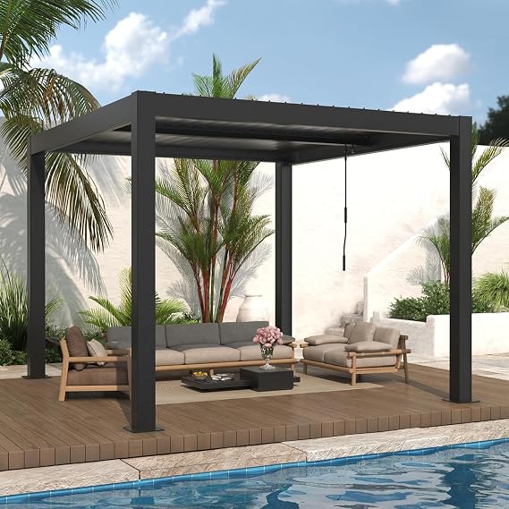 LVUYOYO Outdoor Louvered Pergola 10' x 10', Patio Aluminum Pergola with Adjustable Roof, Metal Gazebo for Backyard, Garden, Deck(Black)