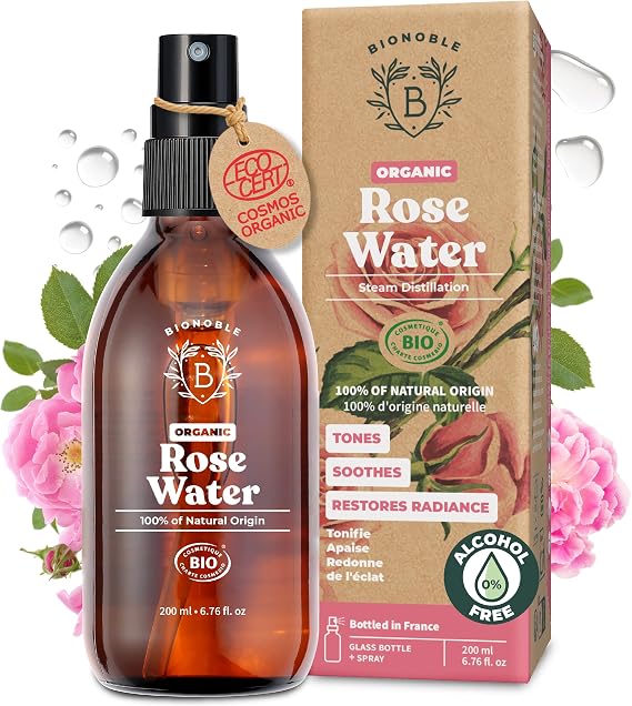 BIONOBLE Organic Rose Water for Face, Hair, Eye Contour - 100% Pure - 200ml