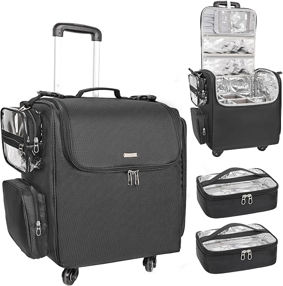 Relavel Rolling Makeup Train Case, Hairstylist Traveling Bag with 4 Wheels, Heat Insulation Full Layer, Adjustable Dividers, Hair Tools and Cosmetics Storage Organizer Trolley Suitcase Makeup Cart