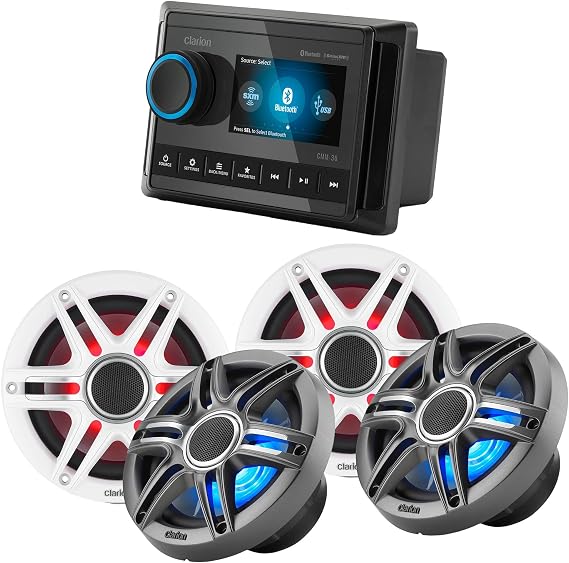 Clarion CMM-30 Marine Source Unit Color LCD Display with (2) CMSP-651RGB-SWG 6.5-inch Premium Marine Coaxial Speakers, Sport Grilles RGB LED Lighting