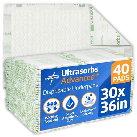 Medline Advanced Plus Ultrasorbs Drypads, 30" x 36", 23 x 36, 40 Count, Extended Core Disposable Bed Pads, Wider Area Super Absorbent Incontinence Pads, Adult Protective Pads, 300 lb Weight Capacity