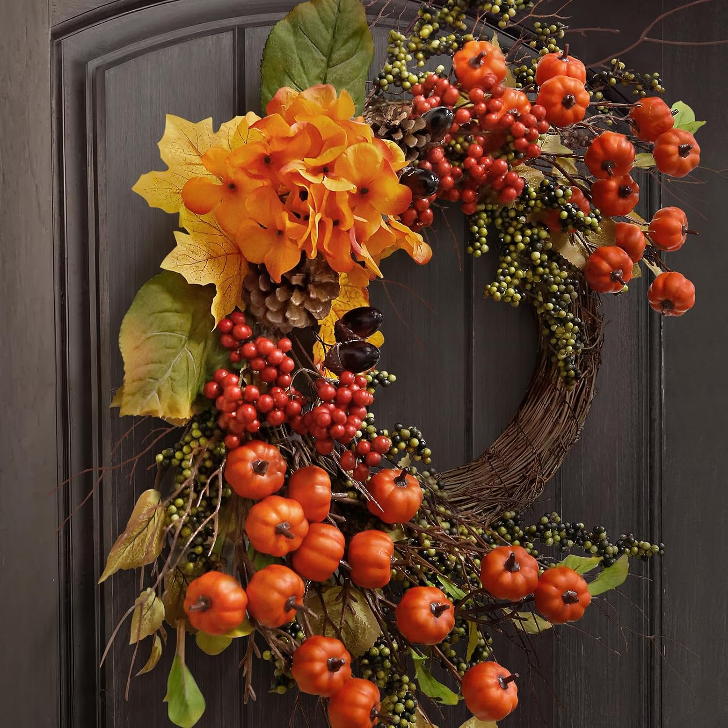 Fall Decor - Fall Wreaths for Front Door - 20 Inch Mini Pumpkins Berries Wreath - Decorations for Autumn Thanksgiving Harvest Farmhouse Home Outdoor Indoor Window Wall