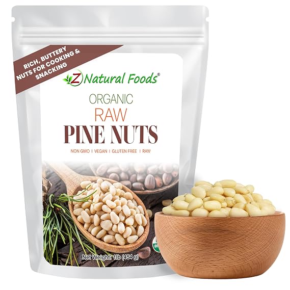 Z Natural Foods Organic Pine Nuts - Vegan, Gluten-Free, Keto-Friendly, 1 lb | USDA Organic, Raw Nutritious Superfood Packed in Airtight Foil Pouches, For Pesto, Salads, Trail Mix & Recipes