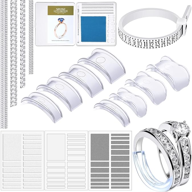 Hicarer 72 Pcs Ring Sizers for Loose Rings Invisible Adjuster Spacers Guards with Measuring Tool Tightener 3 Styles of Adjuster Polishing Cloth for Women Men Wedding Tighteners No Resizing Needed