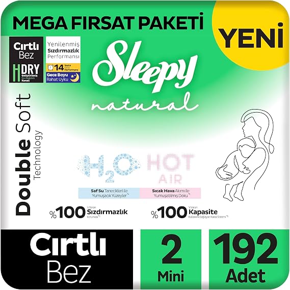 Sleepy Natural Double Soft Mega Fırsat Paketi Bebek Bezi 2 Numara Mini 192 Adet