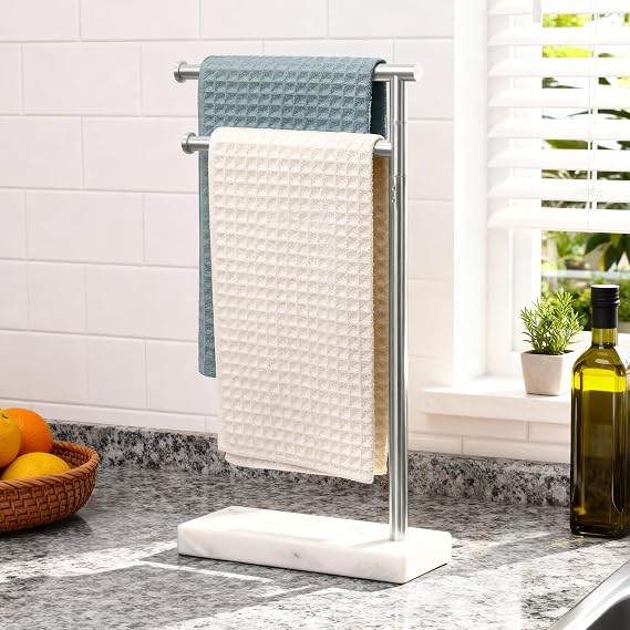 KES Hand Towel Holder Stand for Bathroom, Countertop Towel Stand Swivel with Marble Base, 17.3" 2 Arms Hand Towel Holder Freestanding Counter Top 18/8 Stainless Steel Brushed Finish, BTH233A-2 | Dual 360 Rotatable Arms, 3.3 Lb Marble Base For Stability, 17.3" Tall For Hand Towels, No-Drill Assembly, Brushed Finish