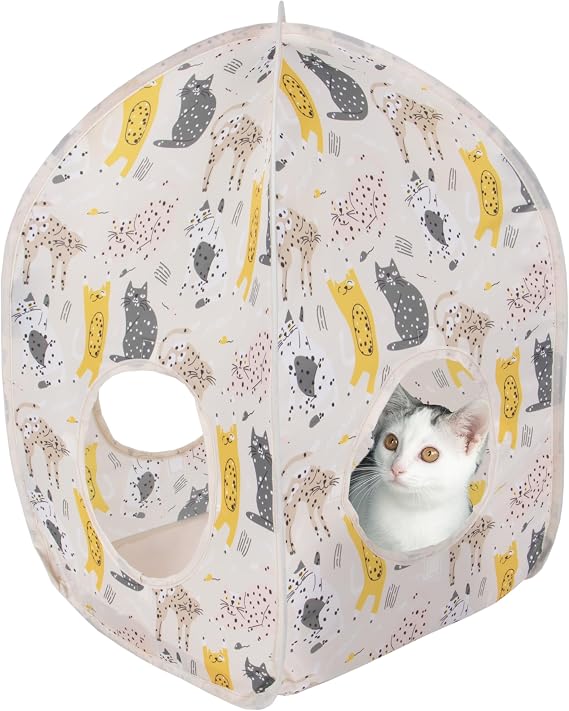 Kitty City Cat Print Pop-Up Cat Play House, Collapsible Indoor Kitten Hideout with Peekaboo Openings, Lightweight Foldable Kitty Cube for Play & Lounging, Pink