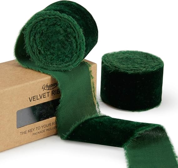 Keypan Green Velvet Ribbon for Christmas with Fringe, 1.5 in x 3 yd
