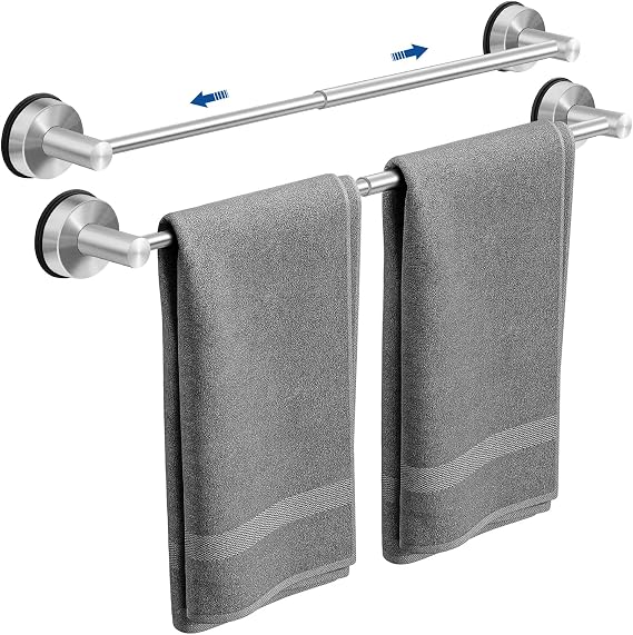 Adjustable Suction Cup Towel Bar for Bathroom Wall, 14.624 Inches Brushed Nickel Towel Bar, Stainless Steel Bath Towel Holder, Towel Racks for Bathroom Shower (Brushed Nickel, 2 Pack)