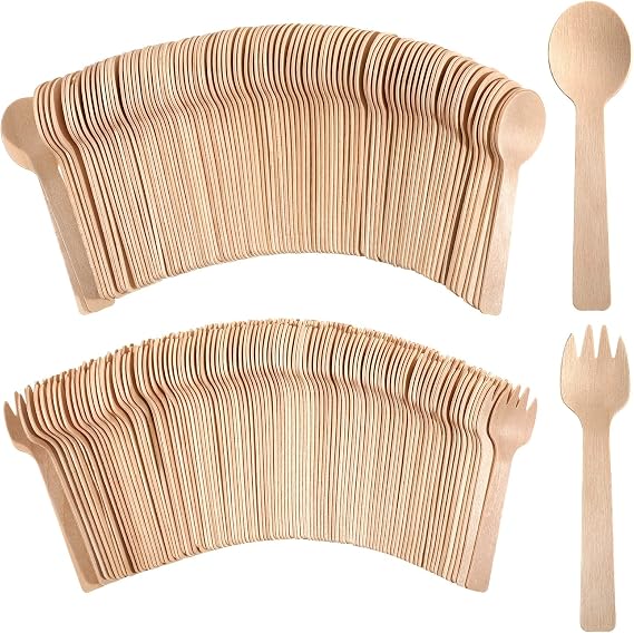 Jutom 200 Count 4 Inch Spoons and Forks Mini Disposable Wooden Cutlery Set