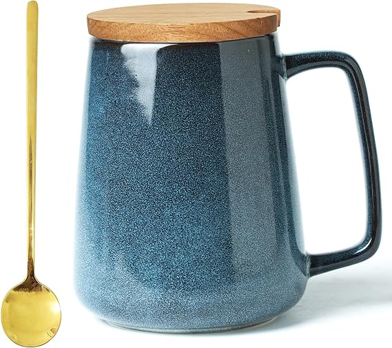 24 OZ Extra Large Ceramic Coffee Mug, with Spoon&Wooden Lid, Big Handle Cup