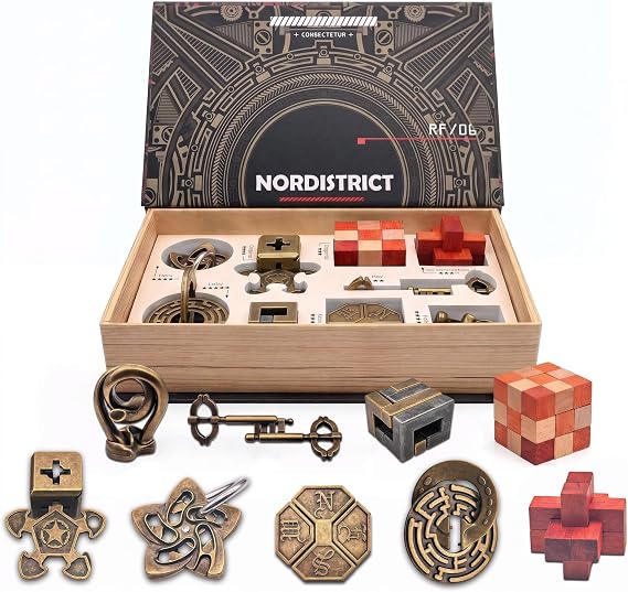 Metal and Wood Brain Teaser Puzzle Set, 9 Pack Mechanical IQ Challenge Puzzles for Adults and Teens, Brain Tease Game, IQ Test Toy, Disentanglement Wire & Wooden Logic Games Gift Box