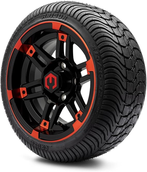 MODZ Aftershock Red and Black 12" Golf Cart Wheels and Arisun Cruze (215/35-12) DOT Low Profile Golf Cart Tires Combo - Set of 4