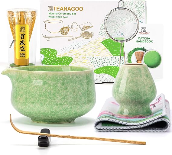 TEANAGOO Matcha Whisk Set,7 Pcs Matcha Set Green,Ceremony Matcha Kit,Matcha Tea Set for Making Latte,Ceramic Bowl(chawan) whith Spout and Whisk,Gift for Matcha Lovers