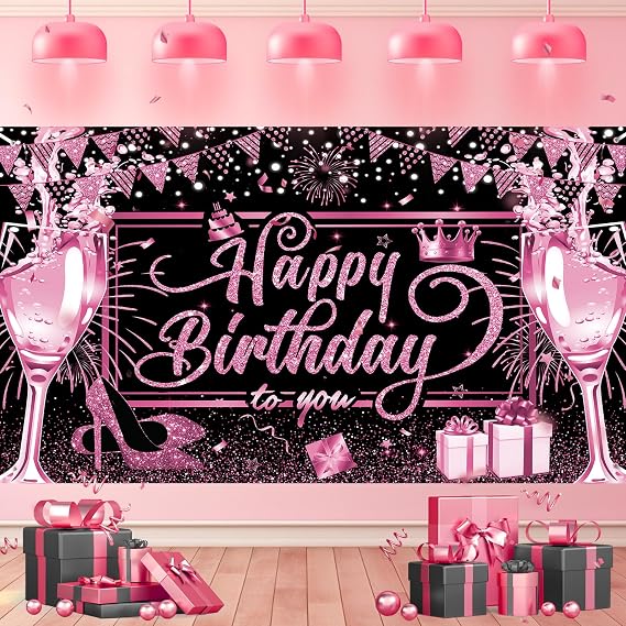 Pink and Black Happy Birthday Banner Hot Pink Black Birthday Party Decorations Backdrop for Women Girls Light Glitter Bday Sign Banner Photo Backdrop Background Supplies Decorations