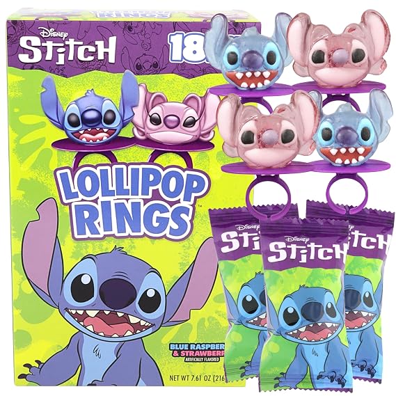 Lilo and Stitch Party Favors, Individually Wrapped Lollipop Rings, Cake and Cupcake Toppers, Box of 18