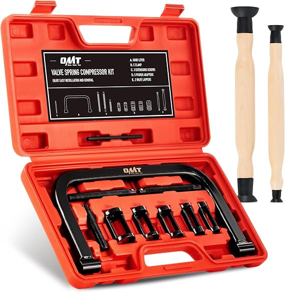 OMT Valve Spring Compressor, for Motorcycle, ATV, Car, Small Engine Vehicle | Valve Spring Removal Tool with Solid C Clamp, Collet Pusher Adapters, Extension Rods, and Lever, Red