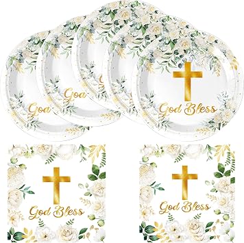 HJFZLY God Bless Tableware Set, First Communion 20 Plates and 20 Napkins, for Newborn Baptism Church Cross White Floral Party Decoration