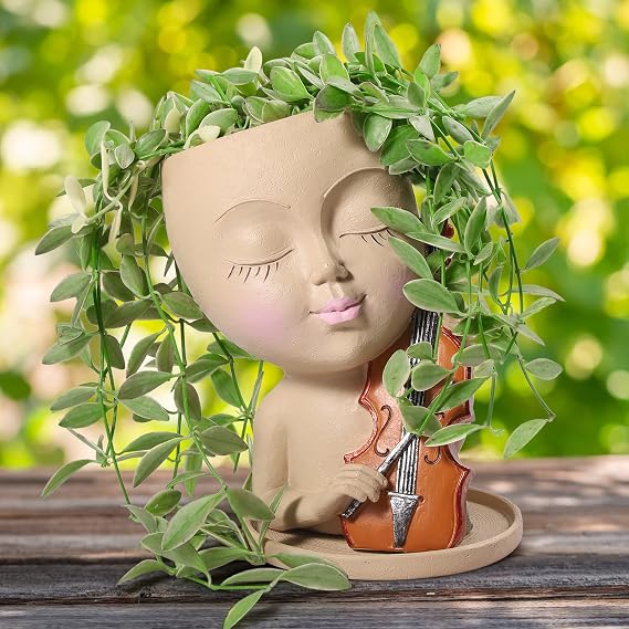 Face Planters Pots Head Planters for Indoor Outdoor Plants Cute Lady Play The Violin, Succulent Planter with Drainage Hole Face Flower Pots, Gift for Family Friends (Khaki)