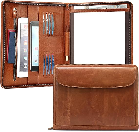 Genuine Leather Portfolio for Men Women Zipper Business Resume Padfolio Organizer Binder A4 Meeting Folder13 inch brown