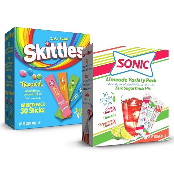 Sonic & Skittles Tropical Singles To Go Variety Pack, 60 Count, Watertok Powdered Drink Mix, Limeade &Tropical Variety Pack