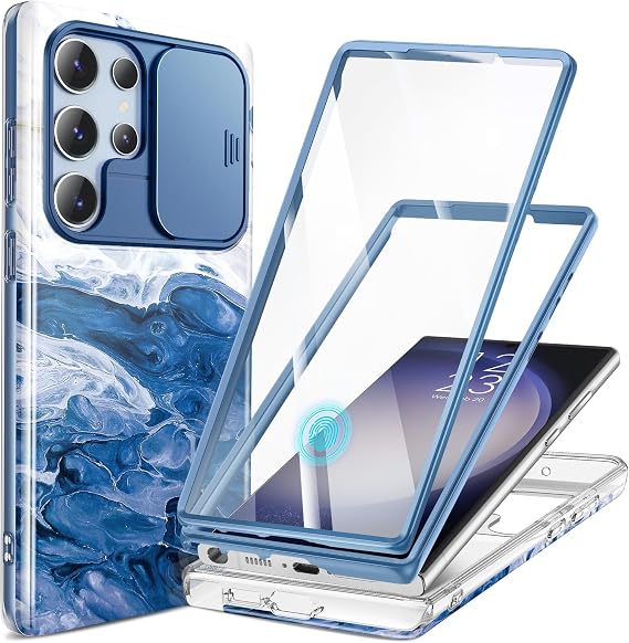GVIEWIN for Samsung Galaxy S23 Ultra Case, [Slide Camera Cover & Built-in Screen Protector] [2 Front Frames] Shockproof Military Grade Protective Marble Phone Case for S23 Ultra 6.8" (Glacier)