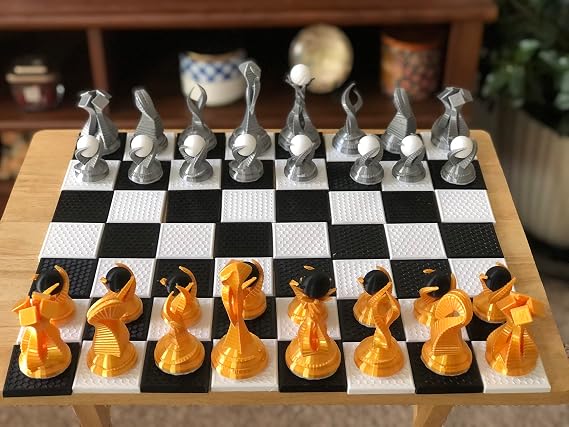 Alien Themed Chess Set Beautifully designed pieces for an exotic out-of-this-world spin to a beloved game of chess Silk Gold & Silk Silver With White & Black Jewels - (board not included) - Znet3D