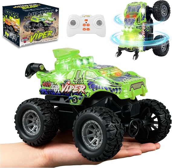 BEZGAR Monster Truck Toys - 2.4GHz 1:64 Remote Control Car with Colorful Lights, 360 Spins, Metal Shell - Remote Control Monster Truck for Boys Girls Age 6, 7, 8, 9, 10 Years Old(Green)