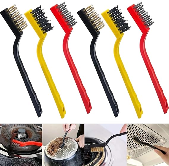 AEE® 6'lı Mini Tel Fırça Seti Aspiratör Musluk Duşakabin Lavabo Fırın Ocak Mutfak Derz Banyo Tuvalet Pas Yağ Temizlik Bulaşık Fırçası 3 Çeşit Pirinç-Çelik-Naylon