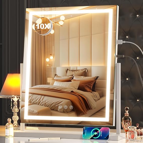 Hasipu Professional Large Vanity Mirror with Lights, 17"x22" Vertical LED Makeup Mirror with 10X Magnification, Smart Touch Control Dimmable 3 Modes Light 360Rotation for Dresser