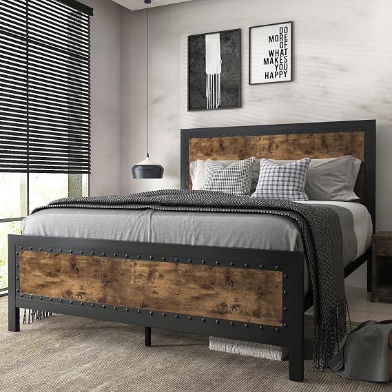 SHA CERLIN Grey Metal Bed Frame Full, Industrial Wooden Platform Base with Rivet Headboard and Footboard, No Box Spring Needed