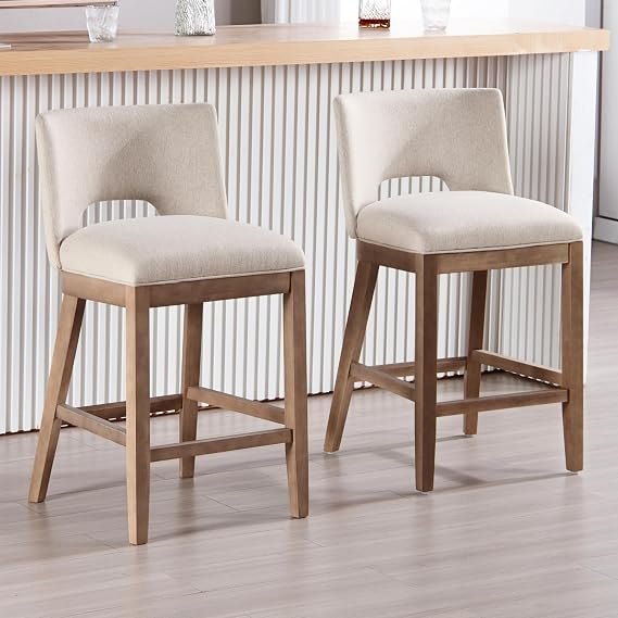 chairus 26" Bar Stools Set of 2 Armless Padded Counter Barstools with Back Upholstered Linen Fabric Stool Chair for Kitchen Counter, Bar Island, Beige